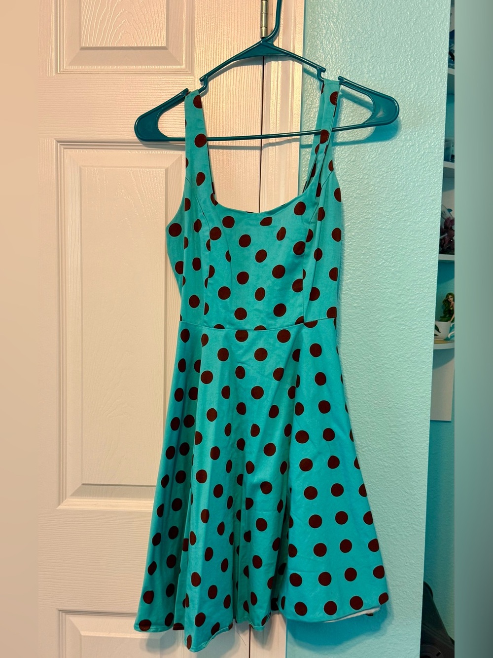 Sleeveless Turquoise Dress with Brown Polka Dots